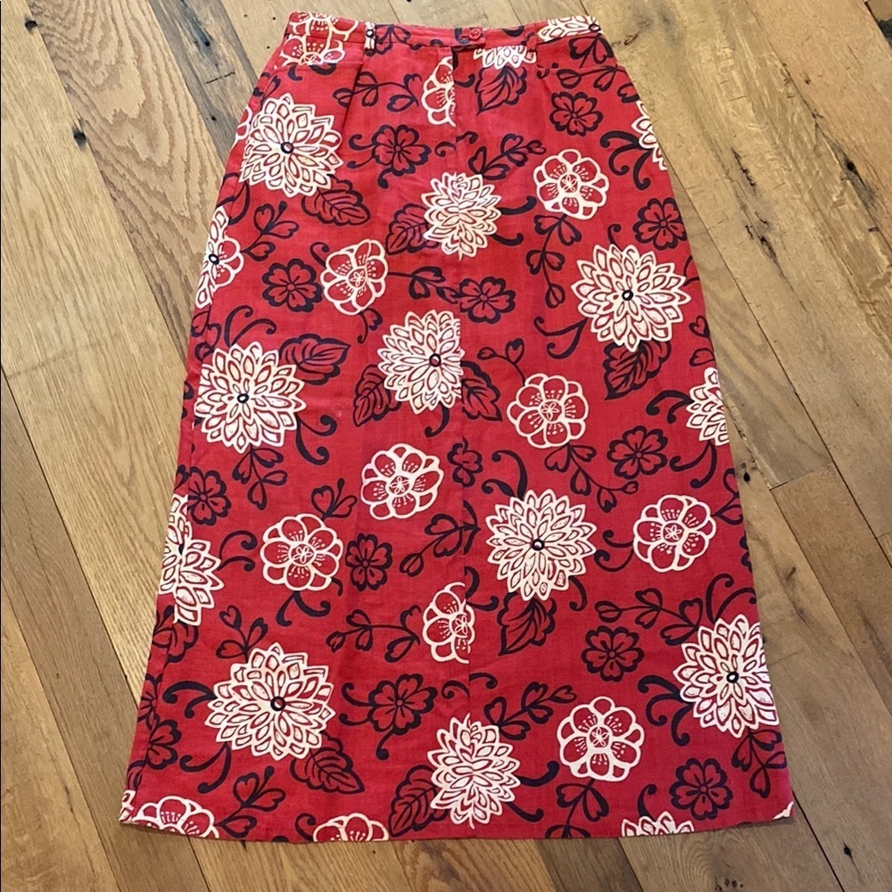 Harold’s Linen Maxi Skirt w Pockets Floral Red White Black Sz 6